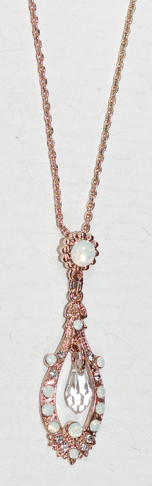 MARIANA PENDANT: clear, white stones in 2" pendant, rose gold setting, 13" adjustable chain