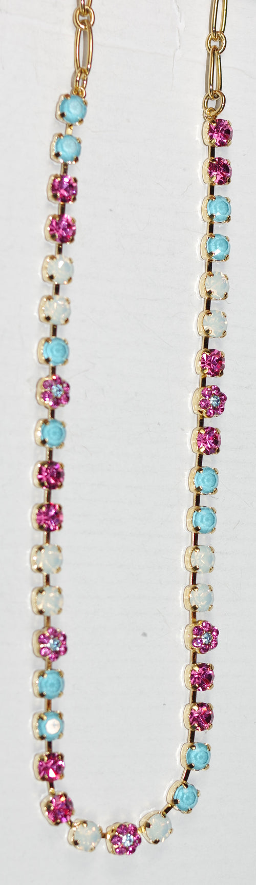 MARIANA NECKLACE BANANA SPLIT: white, pink, blue 1/4" stones in yellow gold setting, 18" adjustable chain