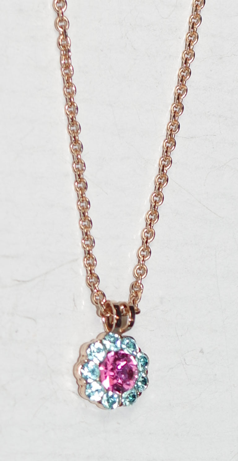MARIANA PENDANT BANANA SPLIT: pink, blue stones in 1/2" rose gold setting, 18" adjustable chain