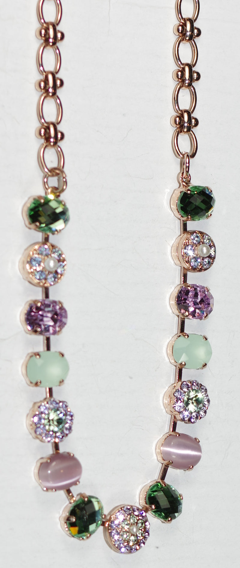 MARIANA NECKLACE MINT CHIP: green, lavender, pearl stones in rose gold setting, 19" adjustable chain