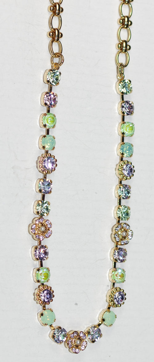 MARIANA NECKLACE MINT CHIP: green, lavender, pearl 1/4" stones in yellow gold setting, 20" adjustable chain