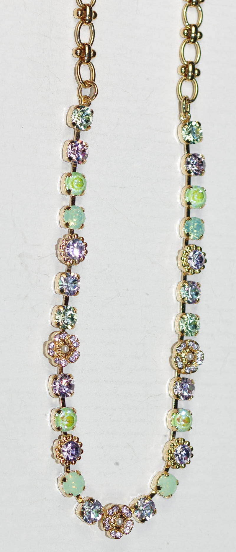 MARIANA NECKLACE MINT CHIP: green, lavender, pearl 1/4" stones in yellow gold setting, 20" adjustable chain