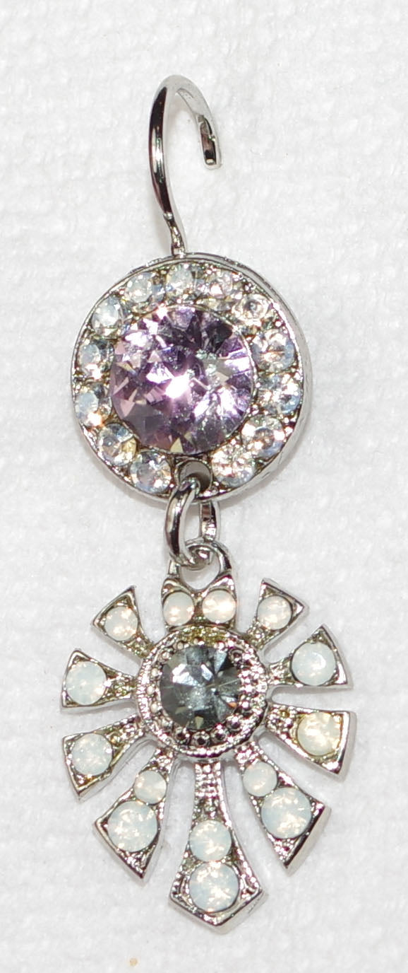 MARIANA EARRINGS ICE QUEEN:  white, clear, lavender stones in 1.25" silver rhodium setting, lever back