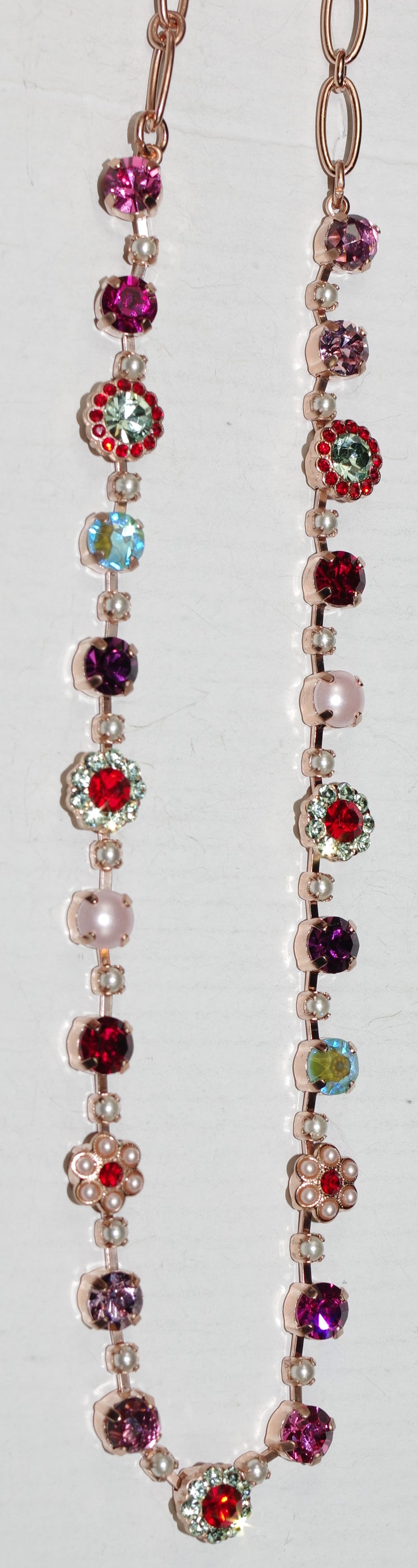 MARIANA NECKLACE ENCHANTED: pink, red, pearl, green, blue stones in rose gold setting, 18" adjustable chain