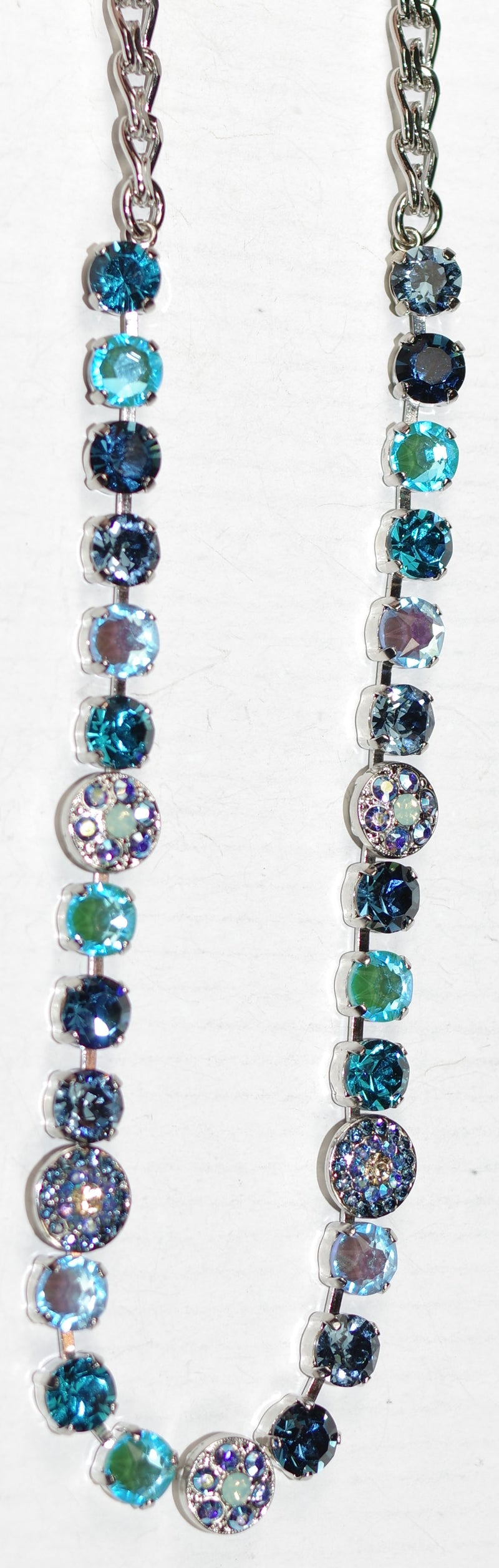 MARIANA NECKLACE FAIRYTALE: blue, navy teal, a/b stones in silver rhodium setting, 17" adjustable chain