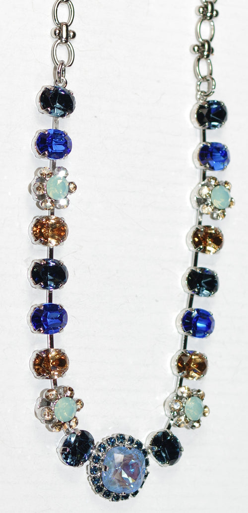 MARIANA NECKLACE FAIRYTALE: blue, amber, pacific opal stones in silver rhodium setting, center stone = 3/4", 18" adjustable chain