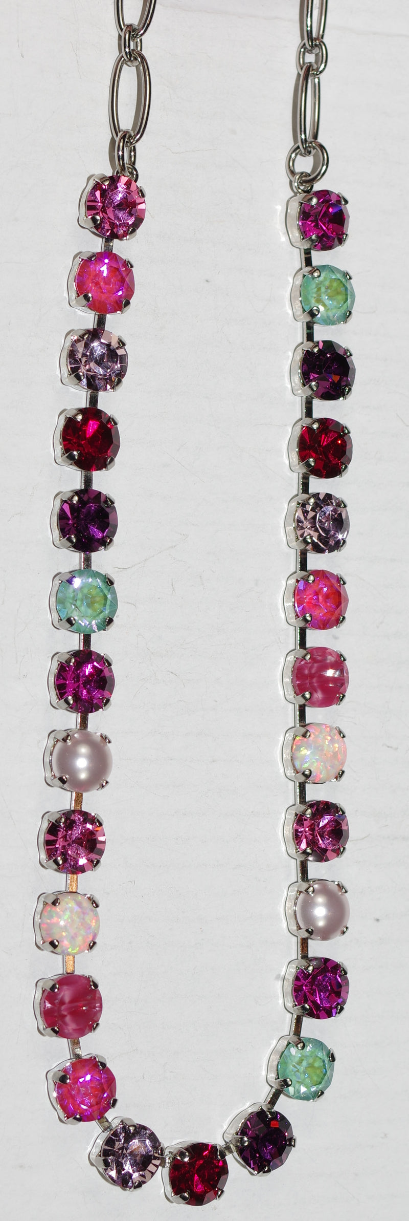 MARIANA NECKLACE BETTE ENCHANTED: pink, simulated opal, pearl, green, purple 1/4" stones in silver rhodium setting, 17" adjustable chain