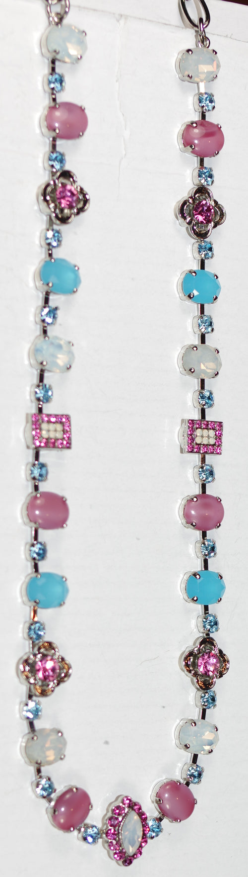 MARIANA NECKLACE BANANA SPLIT: blue, pink, white stones in silver rhodium setting, 1" center pendant, 20" adjustable chain