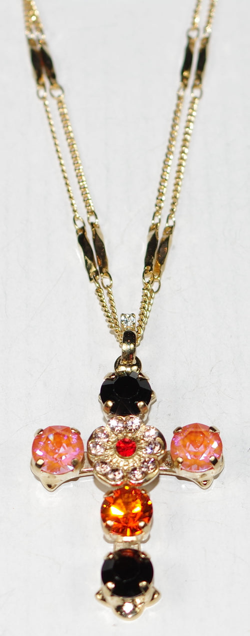 MARIANA CROSS PENDANT MAGIC: orange, black, amber stones in yellow gold setting, 20" adjustable chain