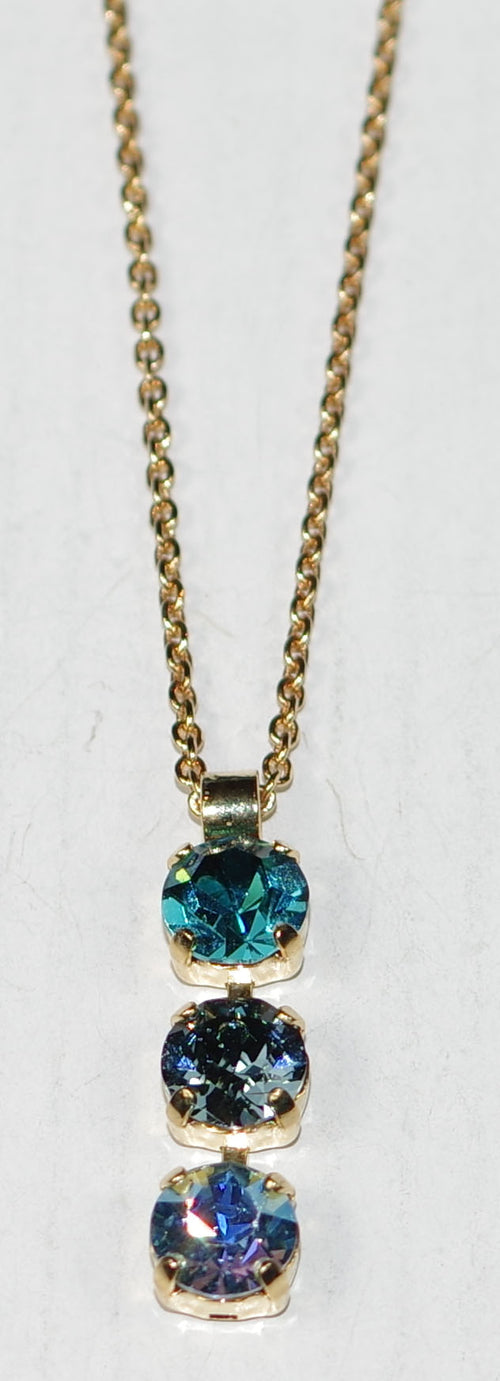 MARIANA PENDANT FAIRYTALE: blue, teal, stones in 1" yellow gold setting, 18" adjustable chain