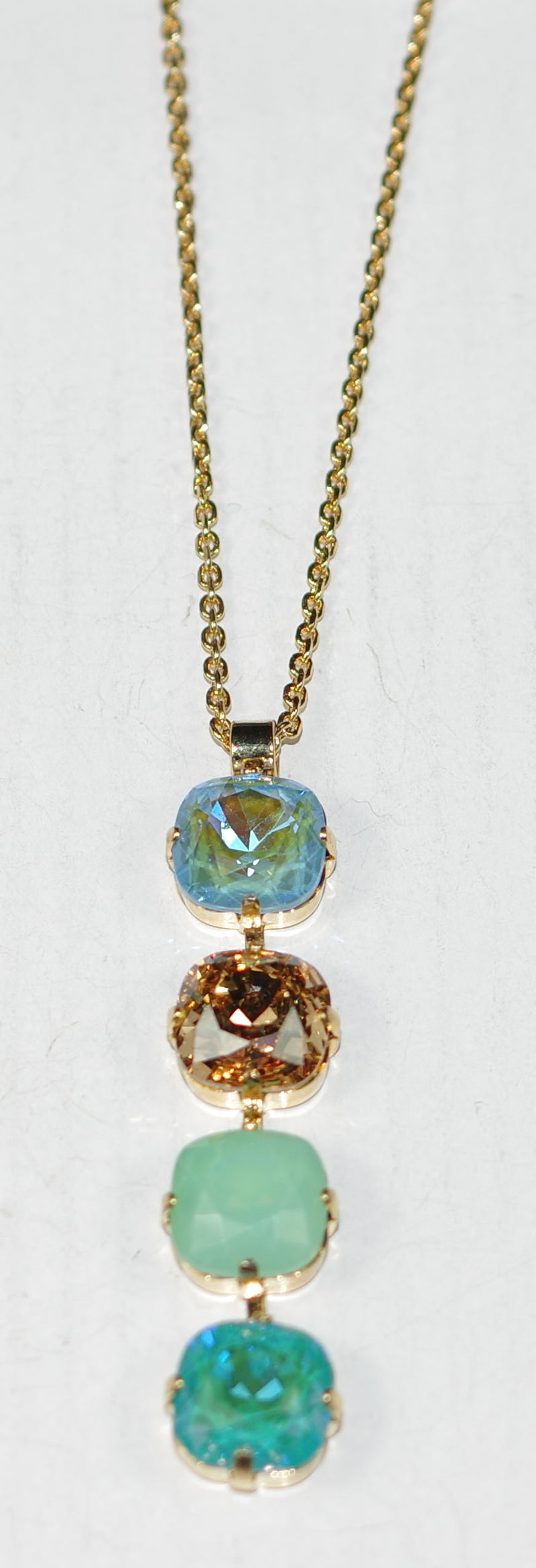MARIANA PENDANT FAIRYTALE: blue, amber, pacific opal stones, in 1.75" yellow gold setting, 20" adjustable chain