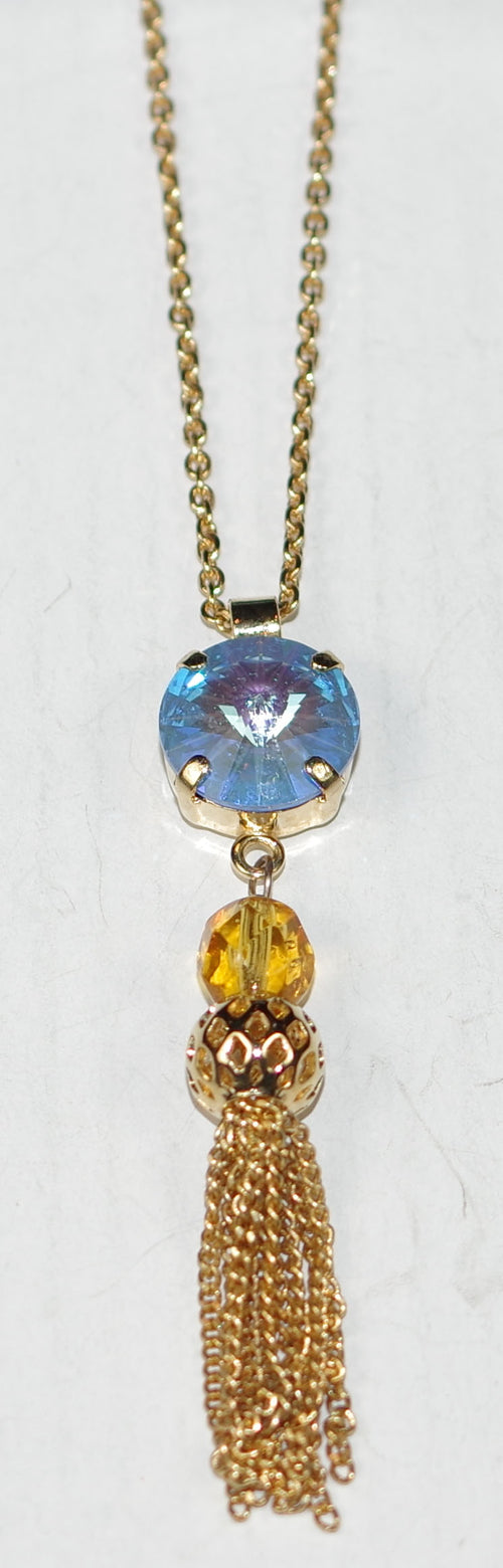 MARIANA PENDANT FAIRYTALE: amber, blue stones in 2" yellow gold setting, 19" adjustable chain
