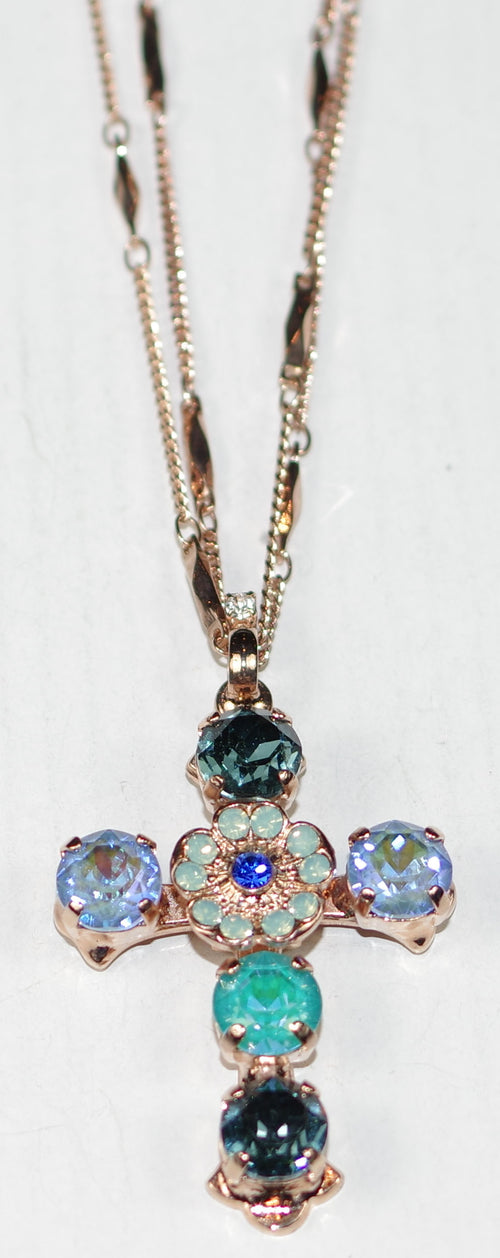 MARIANA CROSS PENDANT FAIRYTALE: blue, pacific opal, teal stones in rose gold setting, 20" adjustable chain