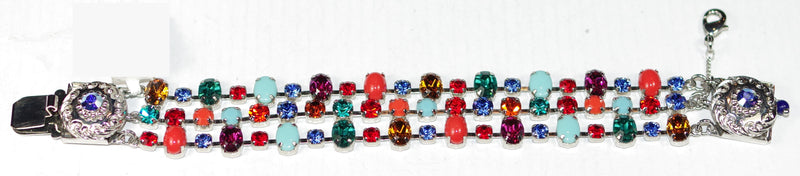 MARIANA BRACELET FANTASY: three strands, blue, red, teal, amber, orange, pink stones in silver rhodium setting, safety chain