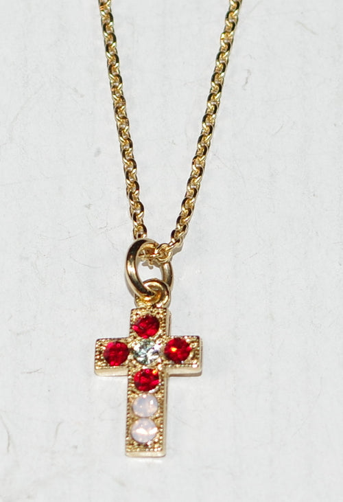MARIANA CROSS PENDANT ENCHANTED: red, green, white stones in 1/2" yellow gold setting, 18" adjustable chain