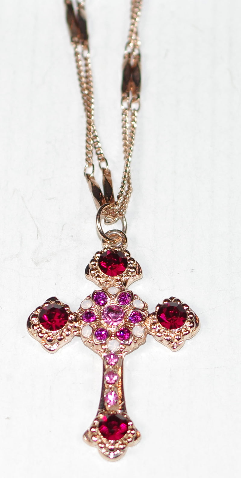 MARIANA CROSS PENDANT ENCHANTED: red, white, pink stones in rose gold setting, 20" adjustable double chain