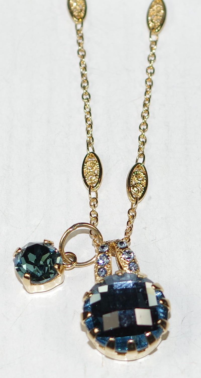 MARIANA PENDANT: blue stones in yellow gold setting, center pendant = 3/4", 20" adjustable chain