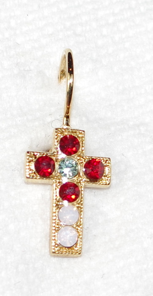 MARIANA EARRINGS ENCHANTED: red, green, white stones in 1/2" cross, yellow gold setting, lever back