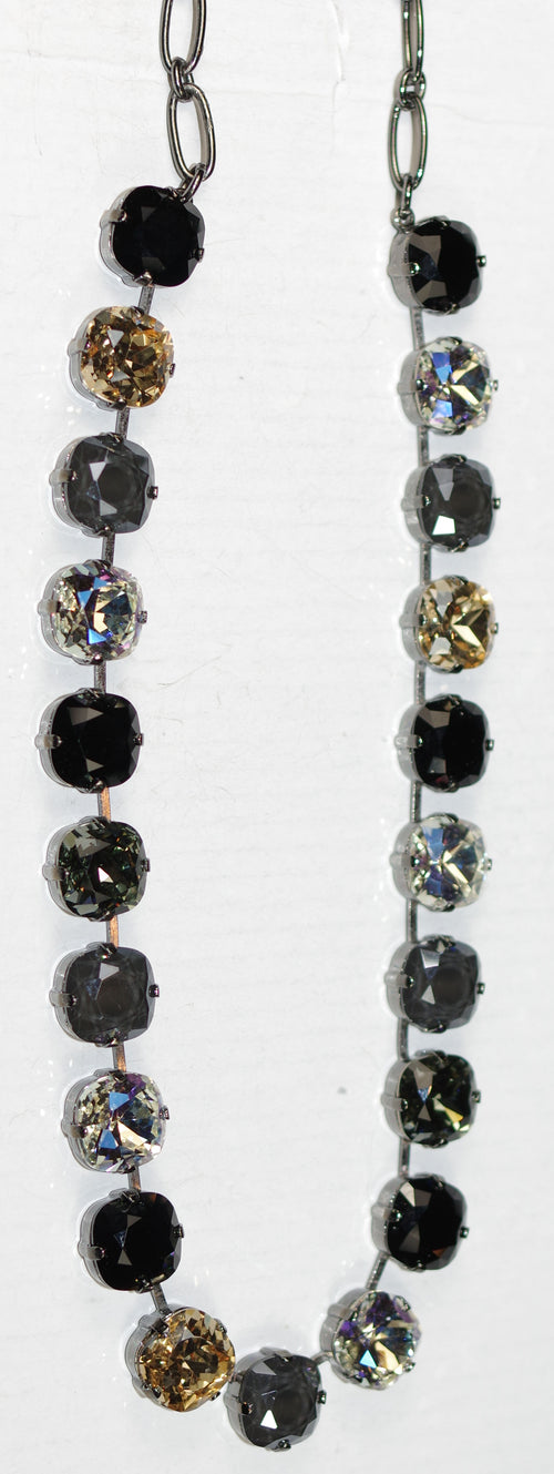 MARIANA NECKLACE BLACK ORCHID: clear, black, amber, grey stones in gun metal setting, 20" adjustable chain