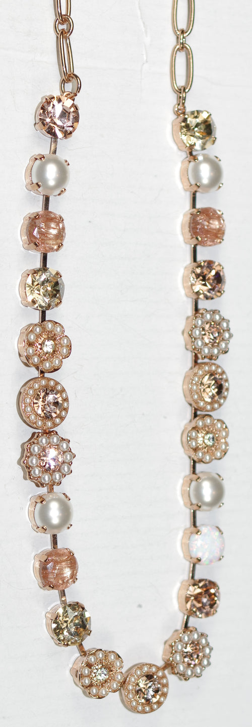 MARIANA NECKLACE COOKIE DOUGH: amber, pearl, clear 1/2" stones in rose gold setting, 18" adjustable chain