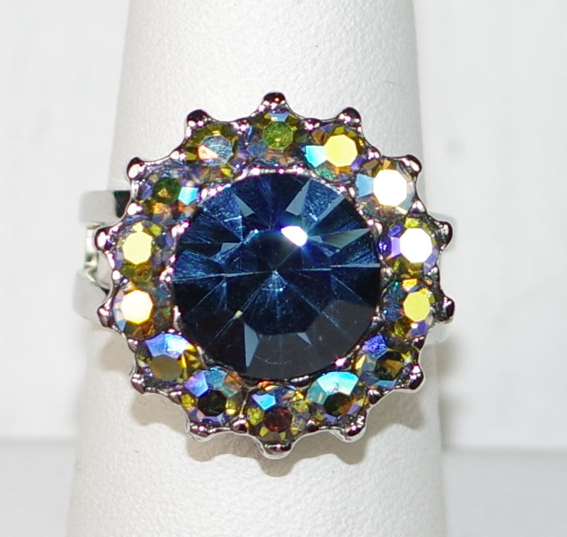 MARIANA RING FAIRYTALE: blue, a/b stones in 3/4" silver rhodium setting, adjustable size band