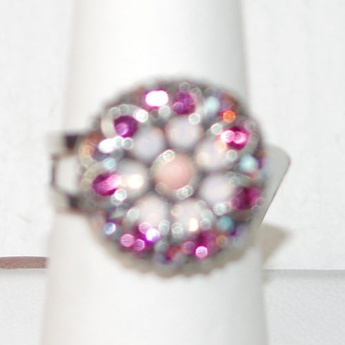 MARIANA RING: pink, a/b stones in 5/8" silver setting, adjustable size band