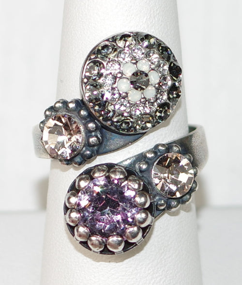 MARIANA RING ICE QUEEN: purple, amber, grey, clear stones in 1" silver setting, adjustable size band