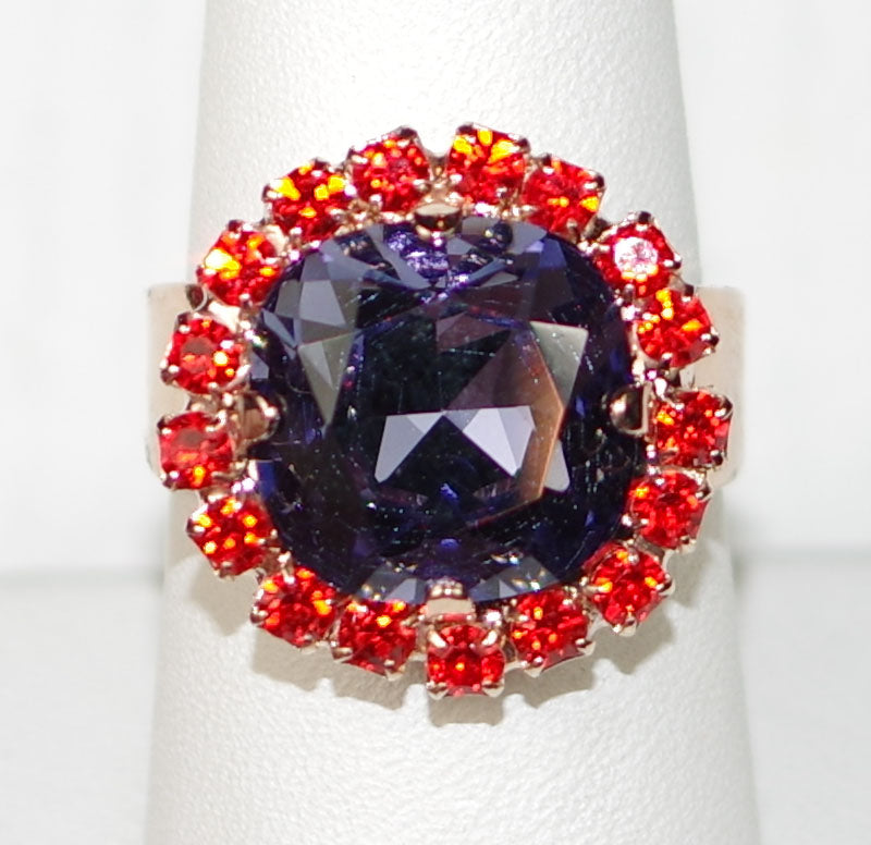 MARIANA RING: orange, purple stones in 3/4" rose gold setting, adjustable size band