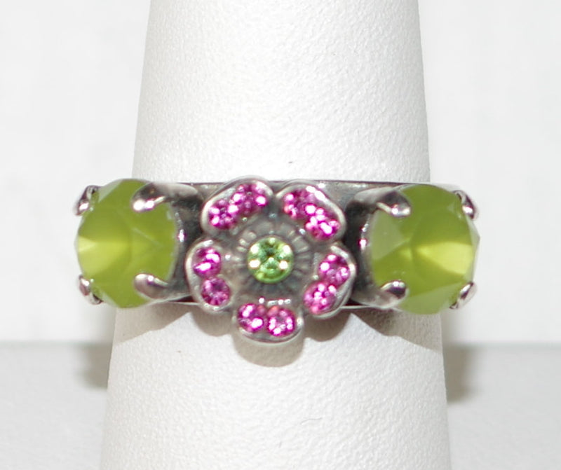 MARIANA RING: green, pink stones in 1" silver setting, adjustable size band