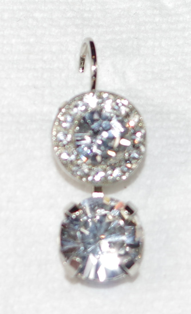 MARIANA EARRINGS ON A CLEAR DAY: clear stones in 1" silver rhodium setting, lever back