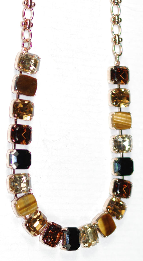 MARIANA NECKLACE: amber, brown, black, natural stones, 18" adjustable rose gold chain