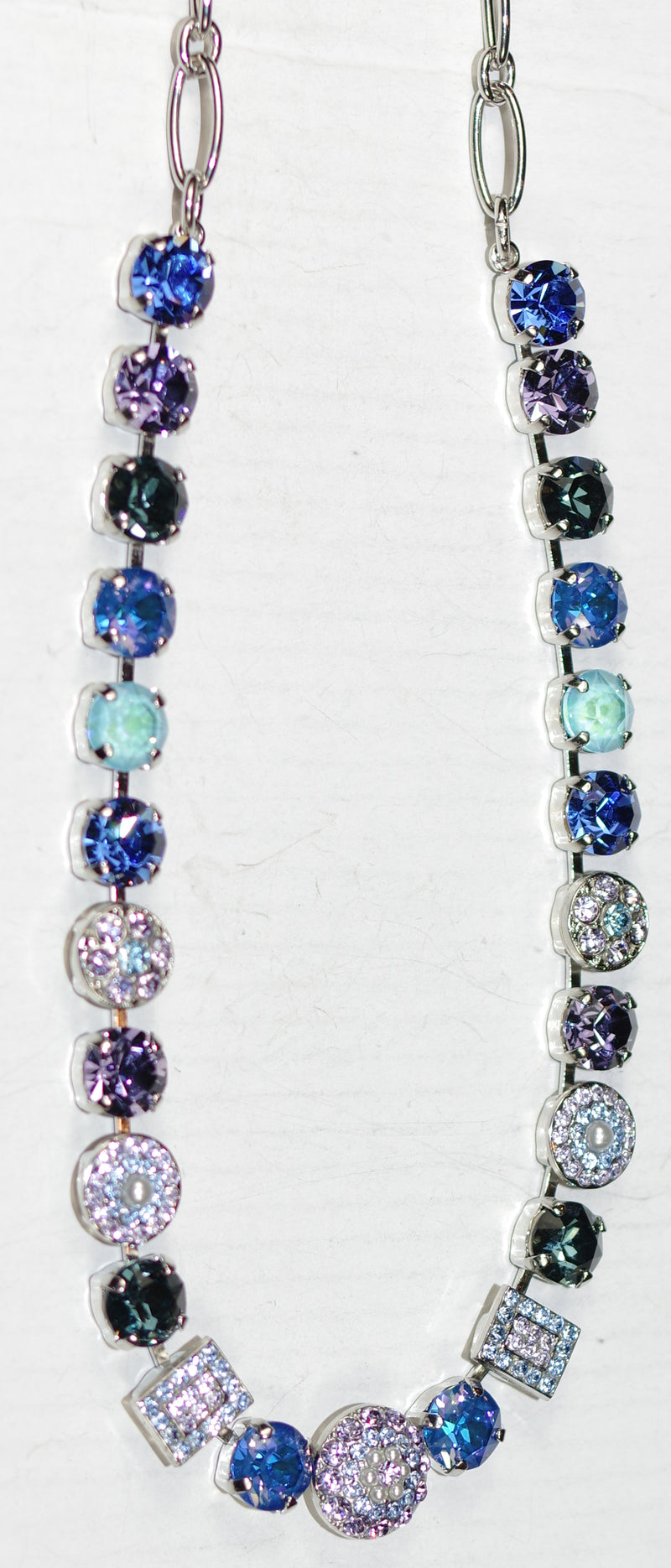 MARIANA NECKLACE ELECTRIC BLUE: blue, lavender, pearl, pink stones in silver rhodium setting, 18" adjustable chain