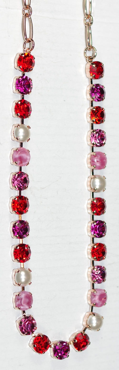 MARIANA NECKLACE BETTE ROXANNE: red, pearl, fuchsia stones in rose gold setting, 17" adjustable chain