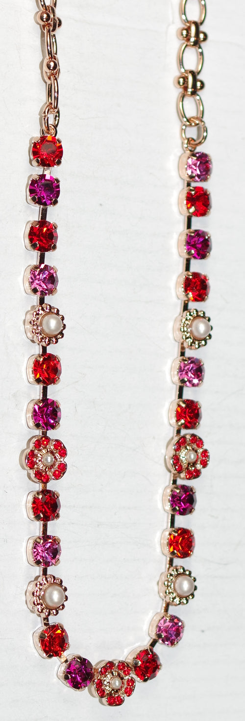 MARIANA NECKLACE ROXANNE: red, pearl, fuchsia, orange 1/4" stones in rose gold setting, 19" adjustable chain