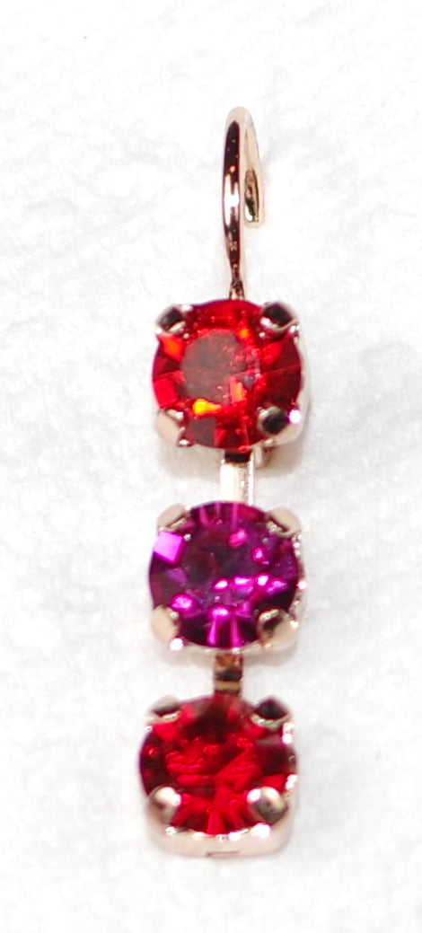 MARIANA EARRINGS ROXANNE: red, orange, fuchsia stones in 1" rose gold setting, lever backs