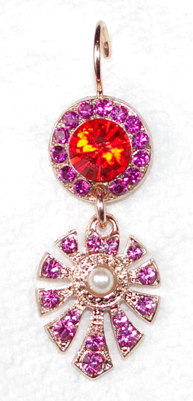 MARIANA EARRINGS DUNAWAY ROXANNE: red, pearl, fuchsia stones in 3/4" rose gold setting, lever back