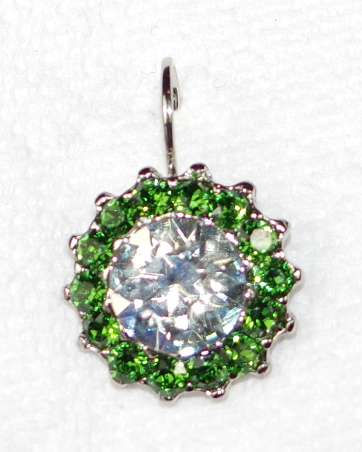 MARIANA EARRINGS CIRCLE OF LIFE: clear, green stones in 3/4" silver rhodium setting, lever back