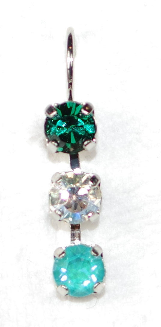 MARIANA EARRINGS CIRCLE OF LIFE: green, clear, teal stones in 1" silver rhodium setting, lever backs