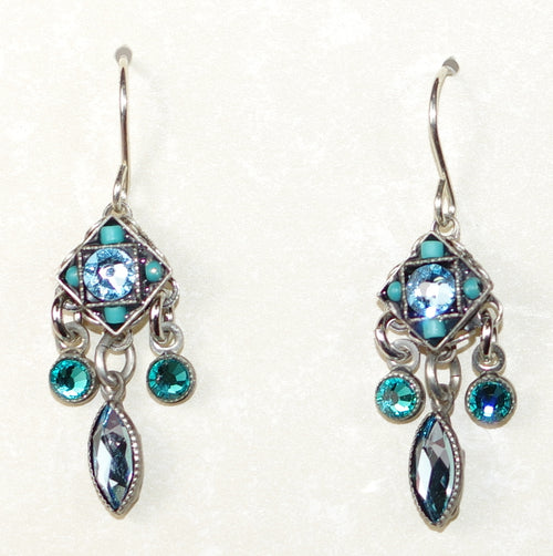 FIREFLY EARRINGS CHECKERBOARD TURQ: blue stones in 1" silver setting, wire backs