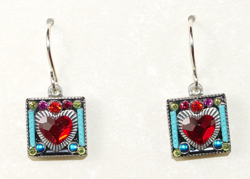 FIREFLY EARRINGS HEART IN SQUARE MC: multi color stones in 1/2" silver setting, wire backs