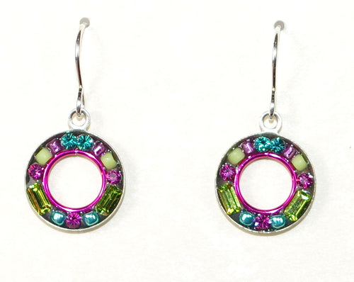 FIREFLY EARRINGS PETITE MOSAIC CIRCLE CG: multi color stones in 1/2" silver setting, wire backs