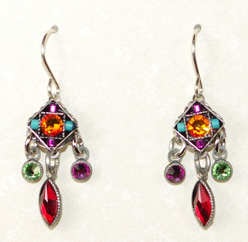 FIREFLY EARRINGS CHECKERBOARD MC: multi color stones in 1" silver setting, wire backs