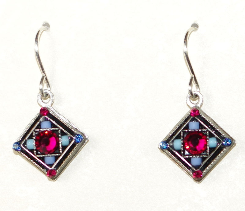 FIREFLY EARRINGS CHECKERBOARD DIAMOND RUBY: multi color stones in 1/2" silver setting, wire backs