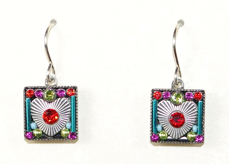 FIREFLY EARRINGS SQUARE ENCASED HEART MC: multi color stones in 1/2" silver setting, wire backs