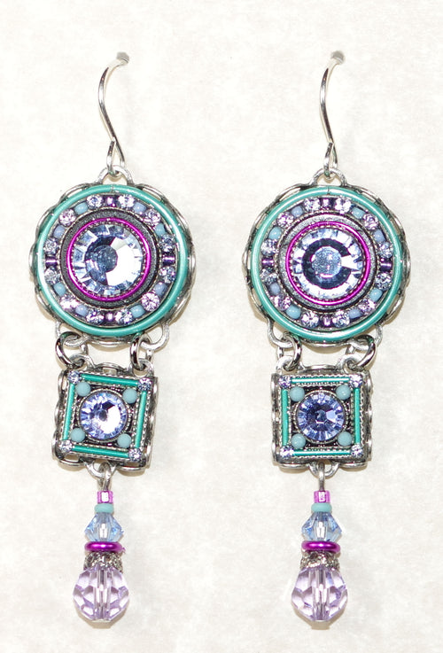 FIREFLY EARRINGS LA DOLCE VITA TIERED LAVENDER: multi color stones in 1.75" silver setting, wire backs