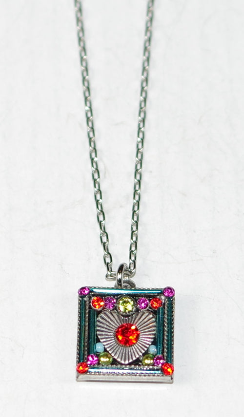 FIREFLY NECKLACE HEART ENCASED SQUARE MC: multi color stones in 1/2" silver 18" adjustable chain