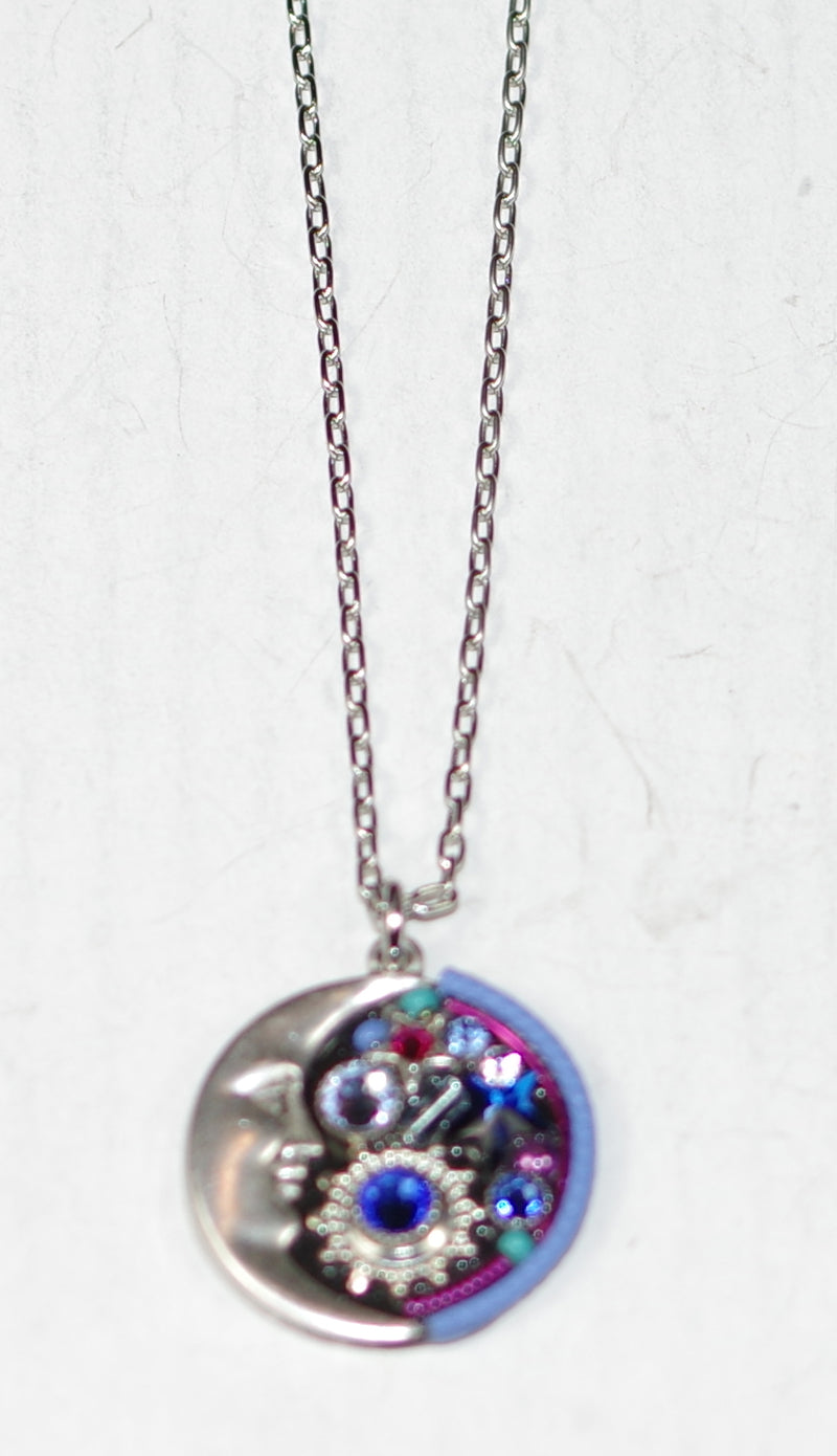 FIREFLY NECKLACE MIDNIGHT MOON SAP: multi color stones in 3/4" pendant, silver 18" adjustable chain