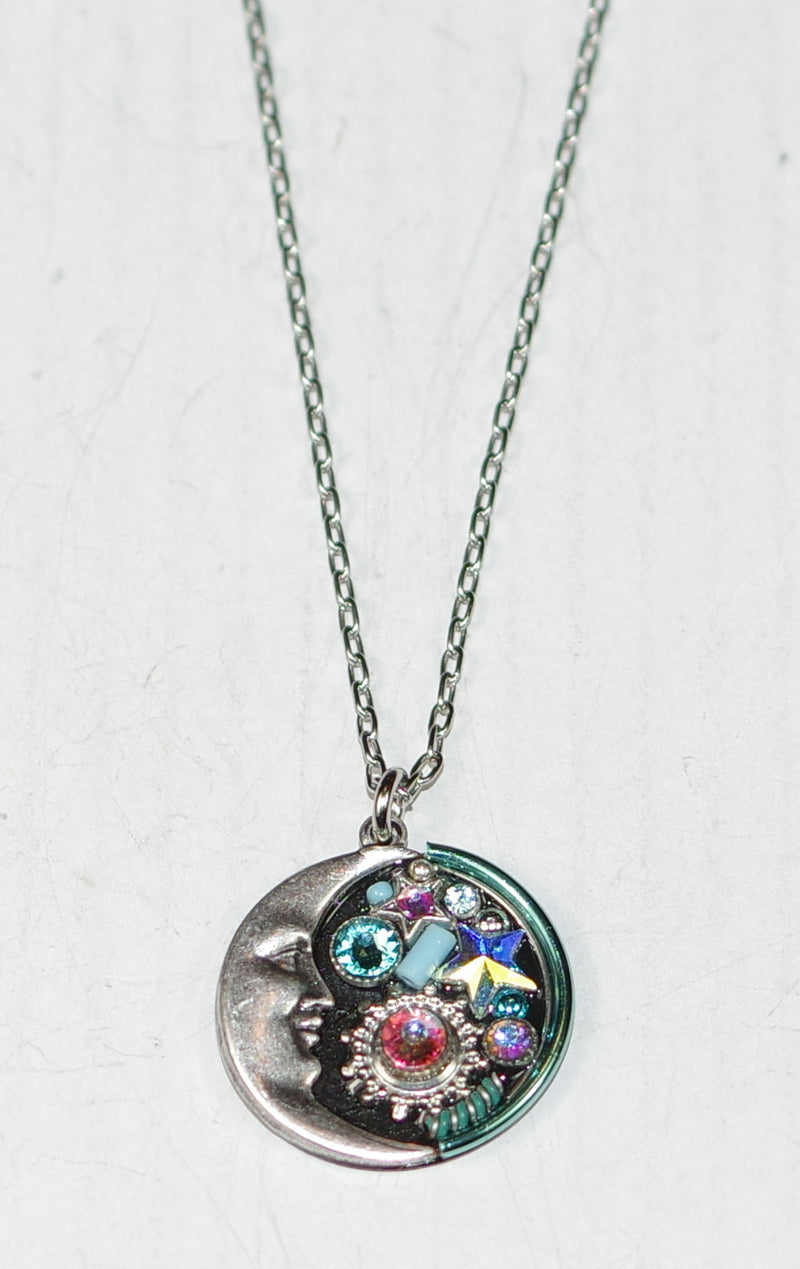 FIREFLY NECKLACE MIDNIGHT MOON ICE: multi color stones in 3/4" pendant, silver 18" adjustable chain