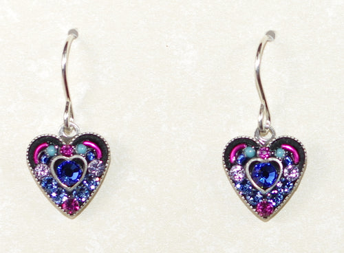 FIREFLY EARRINGS SM CRYSTAL HEART SAPPHIRE: multi color stones in 3/8" setting, french wire backs