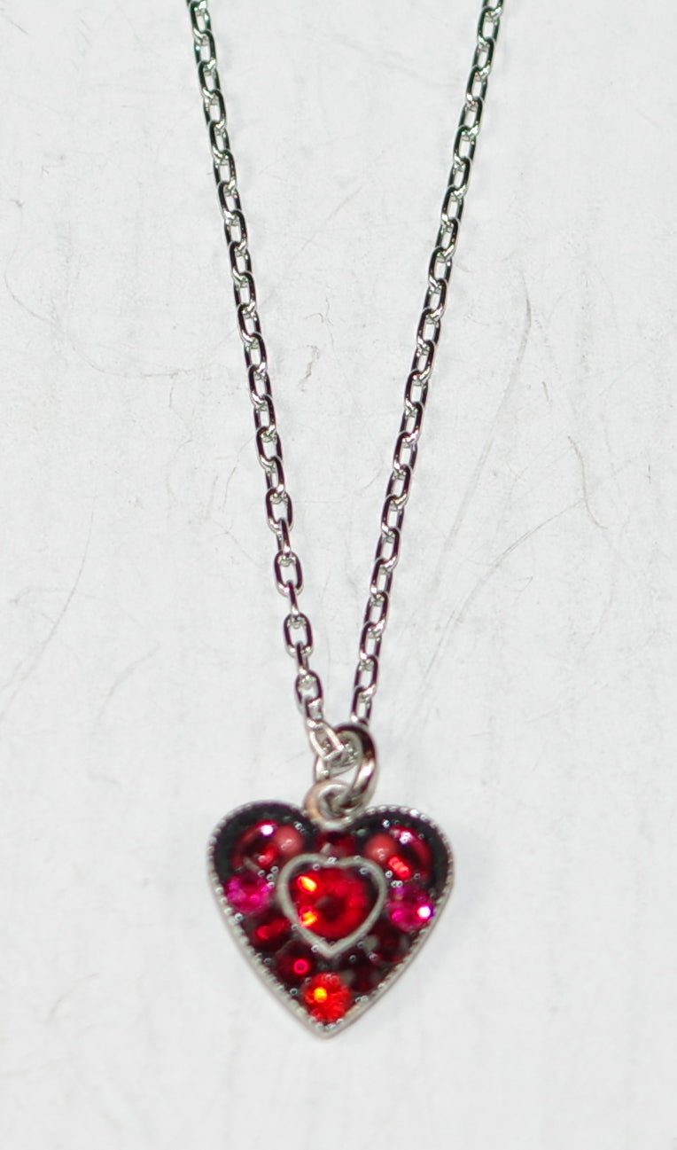 FIREFLY NECKLACE SMALL RED CRYSTAL HEART: red, orange stones in 1/2" silver setting, 20" adjustable chain